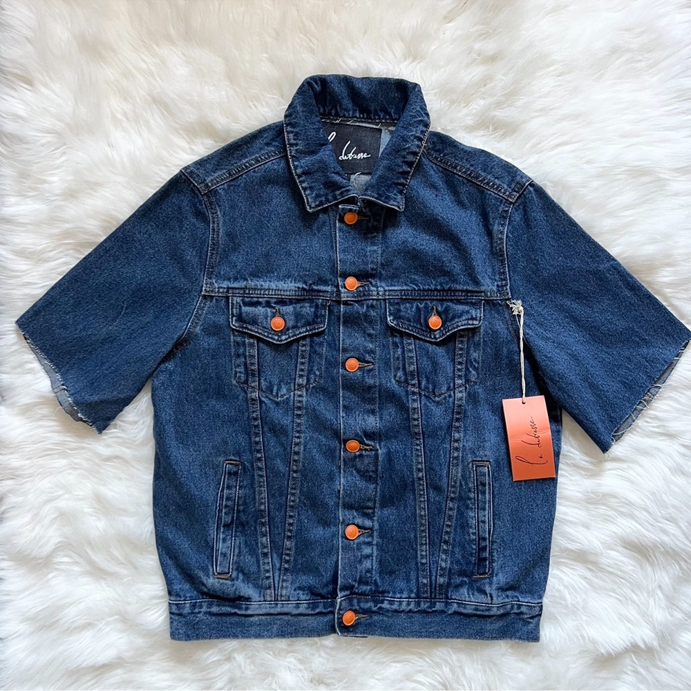 New! LA DETRESSE Logo Amnesia Retro Style Oversized Hand Print Denim Jacket - Picture 2 of 8